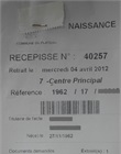 Reçu de demande d'un extrait d'acte naissance